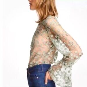 H&M dusky green lace sheer blouse bell sleeves size 6